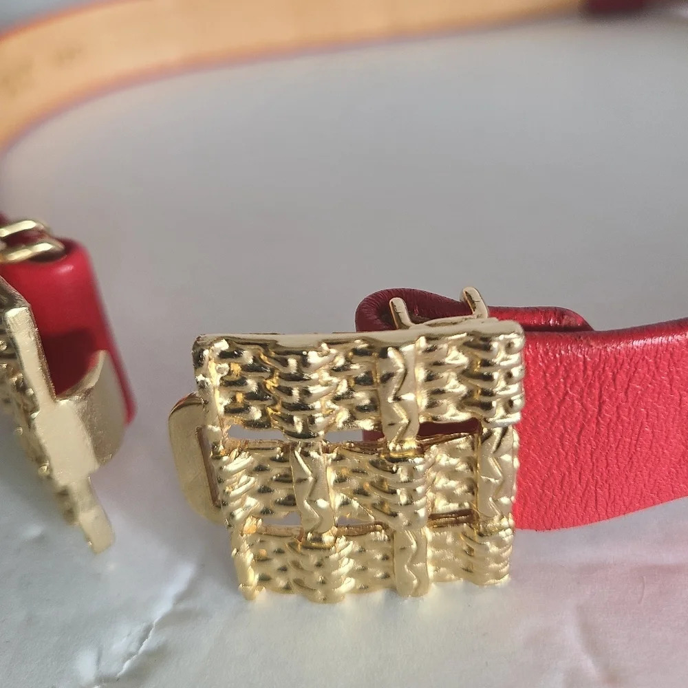 Vintage Red genuine leather women's belt with gold buckle 30 in. - Picture 3 of 7